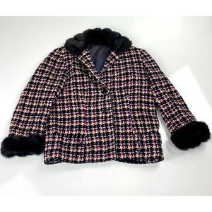 Vintage Fur Collar & Cuff Plaid Lined Blazer Jacket Womens Small Black Red E1311